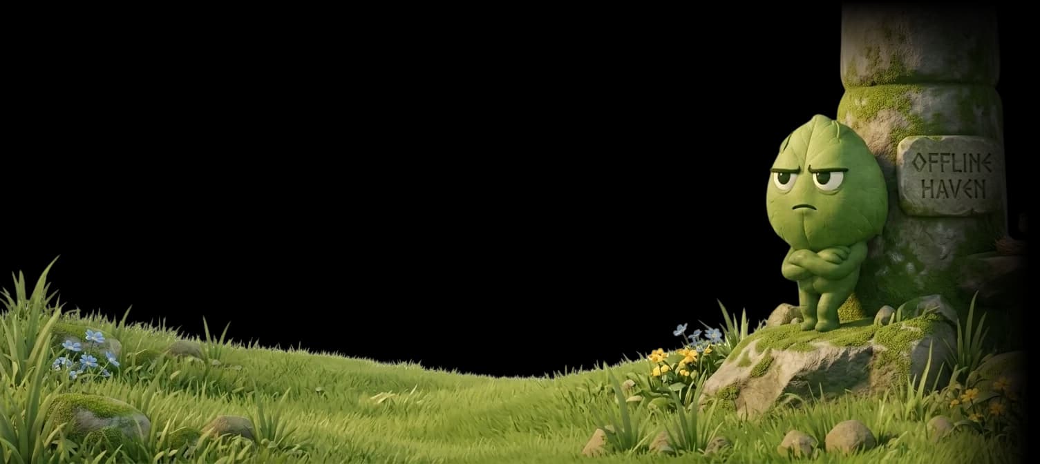 Grassy, the TouchGrass mascot, leaning on a mossy stone pillar with his arms crossed