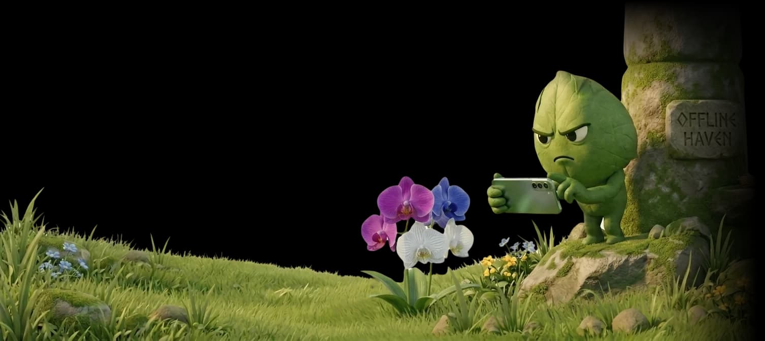 Grassy, the TouchGrass mascot, taking a photo of flowers with a phone